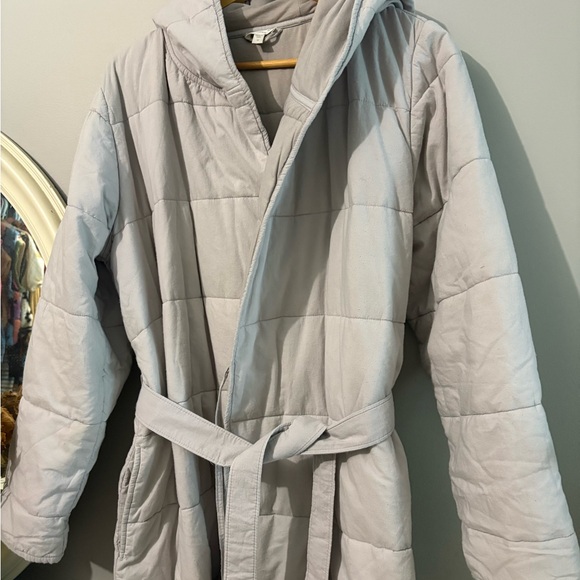Garnet Hill 100% organic cotton grey Quilted hooded Robe/ Coat - Picture 4 of 11
